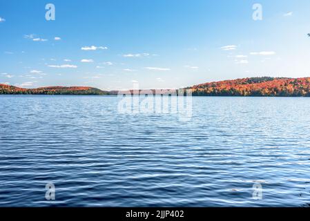 Wunderschöner See, umgeben von bewaldeten Hügeln, auf dem Gipfel des Herbstlaubes an einem klaren Herbstmorgen. Ruhige Szene. Stockfoto