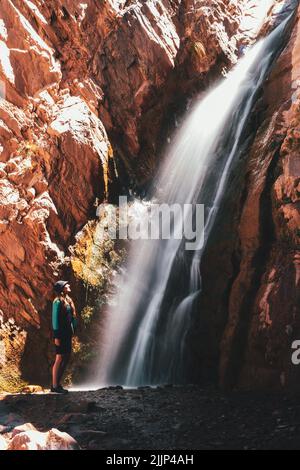 Die Frau steht und blickt auf den Wasserfall Deer Creek Falls im Grand Canyon Stockfoto