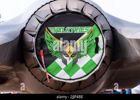 US Lockheed Martin F-35A Lightning II auf statischer Ausstellung auf der Royal International Air Tattoo Airshow, RAF Fairford. 495. FS nannte die Walküren den Spitznamen Stockfoto