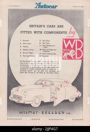 Wilmot-Breeden Ltd Locking benzin Cap alte Vintage-Werbung aus einem britischen Automagazin Stockfoto