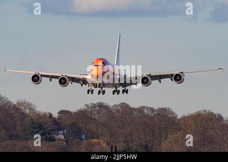 All Nippon Airways ANA Airbus A380-841 (F-WWAL, 266) nähert sich dem Flughafen Hamburg-Finkenwerder nach seinem ersten Flug, XFW, EDHI Stockfoto