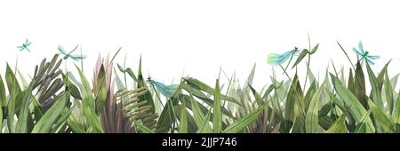 Bambusblumen und Blätter mit Libellen, horizontales Banner. Aquarelldarstellung. Für die Gestaltung und Gestaltung von Webseiten, Tafeln, Postkarten Stockfoto