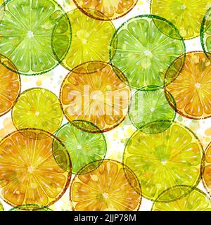 Zitrusscheiben von Zitrone, Limette, Orange mit Farbspritzern. Aquarelldarstellung. Nahtloses Muster. Für Textilien, Stoffe, Tapeten, Verpackungen Stockfoto