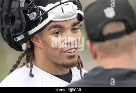 Latrobe, Usa. 27.. Juli 2022. Pittsburgh Steelers Wide Receiver Chase Claypool (11) am ersten Tag des Trainingslagers am Saint Vincent College in Latrobe Pennsylvania am Mittwoch, den 27. Juli 2022 Foto von Archie Corpenter/UPI Quelle: UPI/Alamy Live News Stockfoto