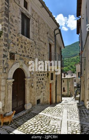 Eine vertikale Ansicht der engen Straße zwischen alten Steinhäusern von Civitella Alfedena, Abruzzen, Italien Stockfoto