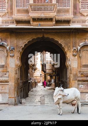 Eine Außenansicht von Patwa Haveli in Jaisalmer, Rajasthan Stockfoto