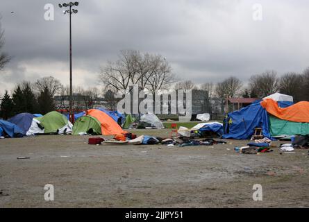 Die heimatlosen Zelte im Strathcona Park, Vancouver, British Columbia, Kanada Stockfoto