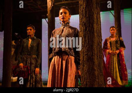 Neu-Delhi, Indien. 27.. Juli 2022. Models präsentieren Kreationen des indischen Designers Anju Modi während der FDCI India Couture Week in Neu-Delhi, Indien, 27. Juli 2022. Quelle: Javed Dar/Xinhua/Alamy Live News Stockfoto