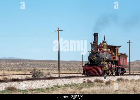 Lokomotive 119 Demonstration, Golden Spike National Historic Park, Utah. Stockfoto