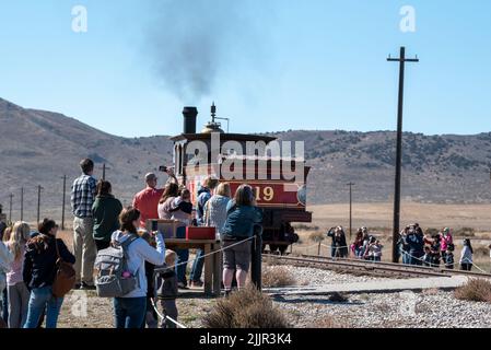 Lokomotive 119 Demonstration, Golden Spike National Historic Park, Utah. Stockfoto
