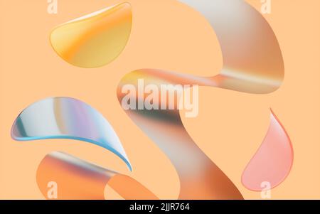 Abstrakte Kurven und Glas mit gelbem Hintergrund, 3D Rendering. Digitale Zeichnung des Computers. Stockfoto