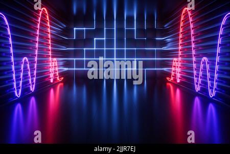 Leuchtende Neonlinien und zufällig angeordnete Würfel im dunklen Raum, 3D Rendering. Digitale Zeichnung des Computers. Stockfoto