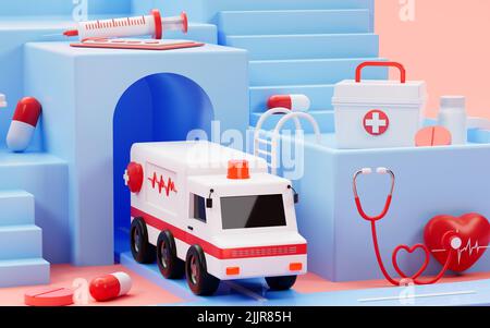 Ambulanz zog aus dem blauen Krankenhaus, blaue Krankenhausszene und medizinische Ausrüstung, 3D Rendering. Digitale Zeichnung des Computers. Stockfoto