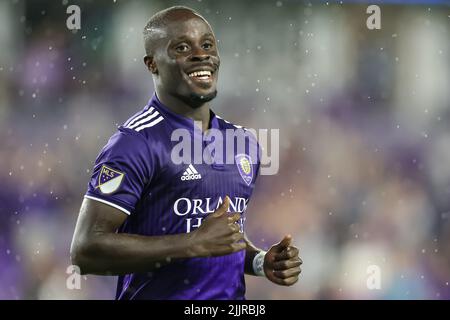27. Juli 2022: Orlando City-Stürmer BENJI MICHEL (19) reagiert nach einem Tor beim Orlando City SC gegen New York Red Bulls Lamar Hunt U.S. Open Cup Halbfinale am 27. Juli 2022 im Exploria Stadium in Orlando, FL. (Bild: © Cory Knowlton/ZUMA Press Wire) Stockfoto