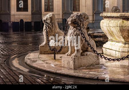 Eine Nahaufnahme des Contarini-Brunnens, eine Löwenskulptur mit einer Metallkette auf dem alten Platz, Piazza Vecchia, Bergamo, Italien Stockfoto