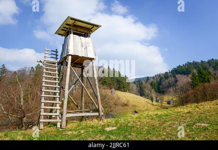 Ein Blick auf einen hölzernen Baumstand oder einen Hirschstand für Jäger auf der Wiese Stockfoto