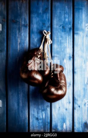 Alte Boxhandschuhe, die vor einer rustikalen blauen Holzwand hängen Stockfoto