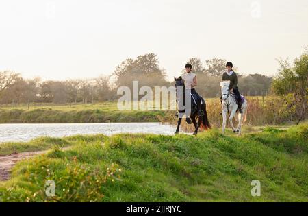 Ein Pferd galoppiert mit seinen Lungen, ..beharrt mit seinem Herzen. Zwei junge Frauen reiten ihre Pferde draußen auf einem Feld. Stockfoto