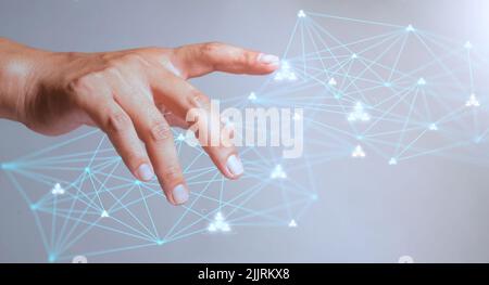 Abstract Virtual Man Finger Lines Big Data Technologie Information Communication Concept Internet World Network Vintage Hintergrund Mit Copy Space Stockfoto