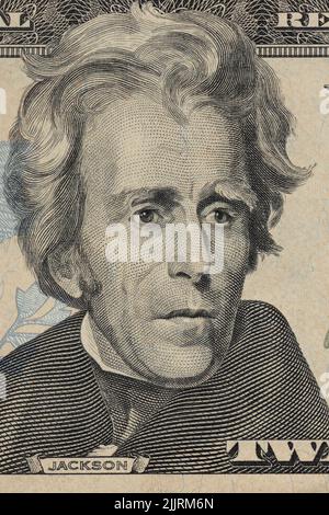 Andrew Jackson Porträt Makro usa zwanzig Dollar Banknote oder Rechnung. Stockfoto