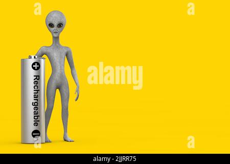 Scary Grey Humanoid Alien Cartoon Charakter Person Maskottchen mit wiederaufladbarer Batterie auf einem gelben Hintergrund. 3D Rendering Stockfoto