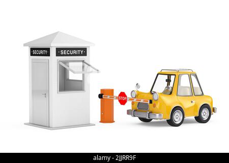 Gelbes Cartoon-Auto vor der geschlossenen Straßenverkehrsbarriere und Sicherheitszone mit Sicherheitsschild auf weißem Hintergrund. 3D Rendering Stockfoto