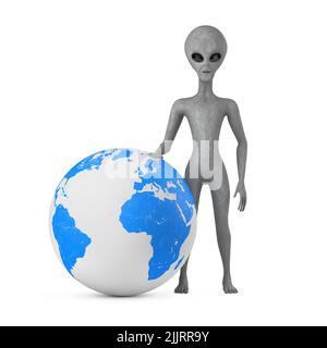 Scary Grey Humanoid Alien Cartoon Charakter Person Maskottchen mit Erdkugel auf weißem Hintergrund. 3D Rendering Stockfoto