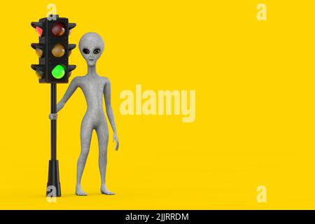 Scary Grey Humanoid Alien Cartoon Charakter Person Maskottchen mit Verkehr grünes Licht auf einem gelben Hintergrund. 3D Rendering Stockfoto