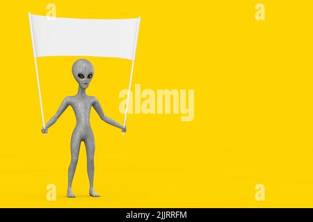 Scary Grey Humanoid Alien Cartoon Character Person Maskottchen und leere weiße leere Banner mit freiem Platz für Ihr Design auf einem gelben Hintergrund. 3D Rend Stockfoto