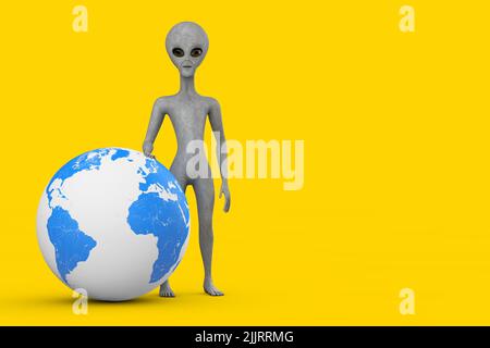 Scary Grey Humanoid Alien Cartoon Charakter Person Maskottchen mit Erdkugel auf einem gelben Hintergrund. 3D Rendering Stockfoto