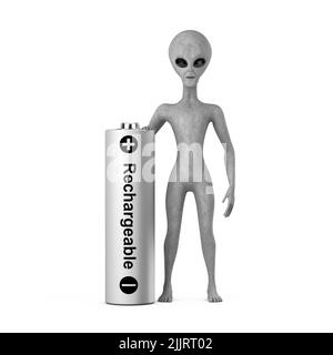 Scary Grey Humanoid Alien Cartoon Charakter Person Maskottchen mit wiederaufladbarer Batterie auf einem weißen Hintergrund. 3D Rendering Stockfoto