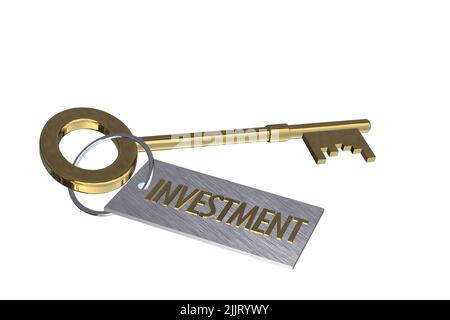 Schlüssel zum Investitionskonzept Gold 3D Schlüssel mit Schlüsselring-Tag mit Textworten Investitionskonzept isoliert auf weißem Hintergrund ausgeschnitten Stockfoto