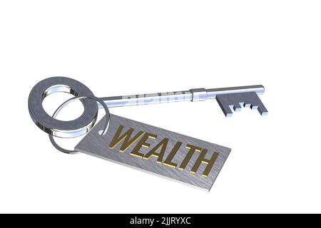 Schlüssel zu Wealth Concept Silber 3D Schlüssel mit Schlüsselanhänger mit Textwort Wealth Concept isoliert auf weißem Hintergrund Stockfoto