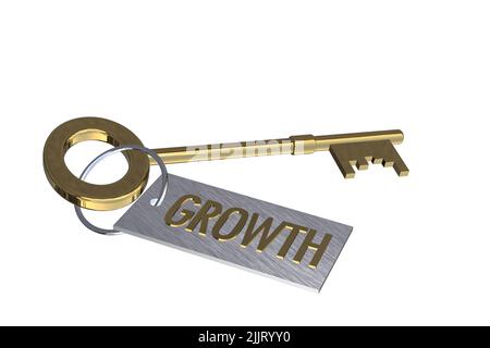 Schlüssel zum Wachstumskonzept Gold 3D Schlüssel mit Schlüsselring-Tag mit Textworten Wachstumskonzept isoliert auf weißem Hintergrund ausgeschnitten Stockfoto