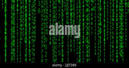 Matrix-Hintergrund. Grüne abstrakte Zahlen für den Datencode auf schwarzem Hintergrund. Technologie, Cyberpunk, Netzwerkkonzept. Hochwertige Illustration Stockfoto