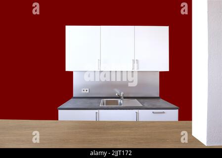 Minimalistische schwedische Möbel aus der Küche und Holztheke Stockfoto