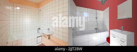 Renovierung eines Badezimmers vor und nach der im Querformat Stockfoto