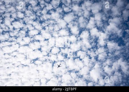 Ein einzelnes Jet-Flugzeug fliegt am 24.. Juli 2022 in London, England, über den Himmel im Süden Londons, dessen Form gegen die Altocumulus-Wolkenformationen silhouettiert ist. Altocumulus ist eine Wolke mittlerer Höhe, deren Höhe zwischen 2.000–7.000 m (7.000–23.000 ft) liegt. Stockfoto