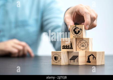 Geschäftsmann Hand Anordnung Holzblock mit Netto-Null-Symbol , Netto-Null bis 2050 CO2-neutrale Energie oder Netto-Null-Treibhausgas-Emissionsziel auf Holz Stockfoto