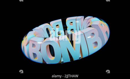 Schöne abstrakte bunte Hintergrund Worte BOMBE in einem Glas auf einem schwarzen Hintergrund. 3D Rendering Illustration Hintergrund Muster für Design. Stockfoto