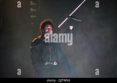 Detroit, USA. 27.. Juli 2022. The Weeknd tritt am 27. Juli 2022 im Ford Field im Rahmen seiner After Hours Til Dawn Tour auf. (Foto von Andrew Roth/Sipa USA) Quelle: SIPA USA/Alamy Live News Stockfoto