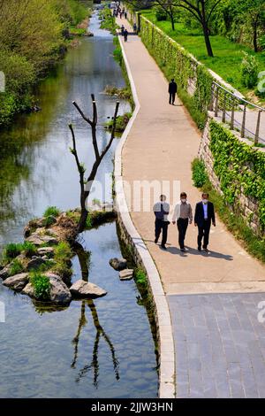 Südkorea, Seoul, Cheonggyecheon, 6 Kilometer lange Promenade, die 2005 eingeweiht wurde und entlang des Cheonggyecheon River verläuft Stockfoto