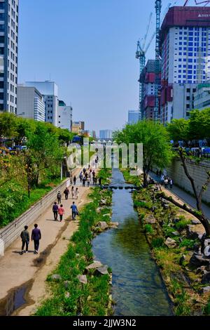 Südkorea, Seoul, Cheonggyecheon, 6 Kilometer lange Promenade, die 2005 eingeweiht wurde und entlang des Cheonggyecheon River verläuft Stockfoto