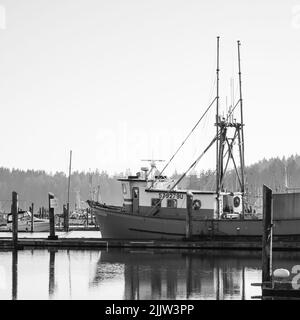 Eine Graustufenaufnahme eines großen Fischerbootes, das am Hafen von Ilwaco mit Bäumen im Hintergrund in Ilwaco, USA, geparkt ist Stockfoto