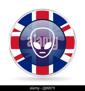 Alien Face britisches Design Web-Icon, runde glänzende englische Konzepttaste auf weißem Hintergrund Stockfoto