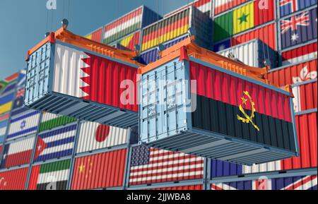 Frachtcontainer mit Angola- und Bahrain-Nationalflaggen. 3D Rendering Stockfoto