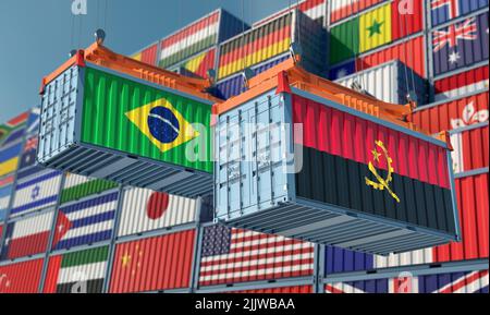 Frachtcontainer mit Angola- und Brasilien-Nationalflaggen. 3D Rendering Stockfoto