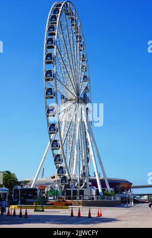 MIAMI, FL -18. MAI 2022 - Blick auf das Skyviews Miami Observation Wheel, ein Riesenrad im Bayside Marketplace in Miami, Florida, über die Bi Stockfoto