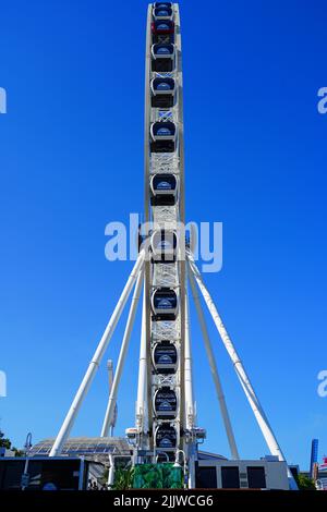 MIAMI, FL -18. MAI 2022 - Blick auf das Skyviews Miami Observation Wheel, ein Riesenrad im Bayside Marketplace in Miami, Florida, über die Bi Stockfoto