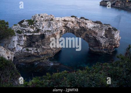 Der Torbogen ist pontas bei Mallorca, Spanien in der Morgendämmerung mit einigen Büschen im Vordergrund Stockfoto